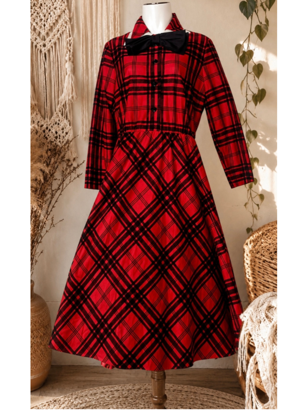 Vintage Herman Marcus Red Tartan Plaid Bow Midi Dress XS USA Made